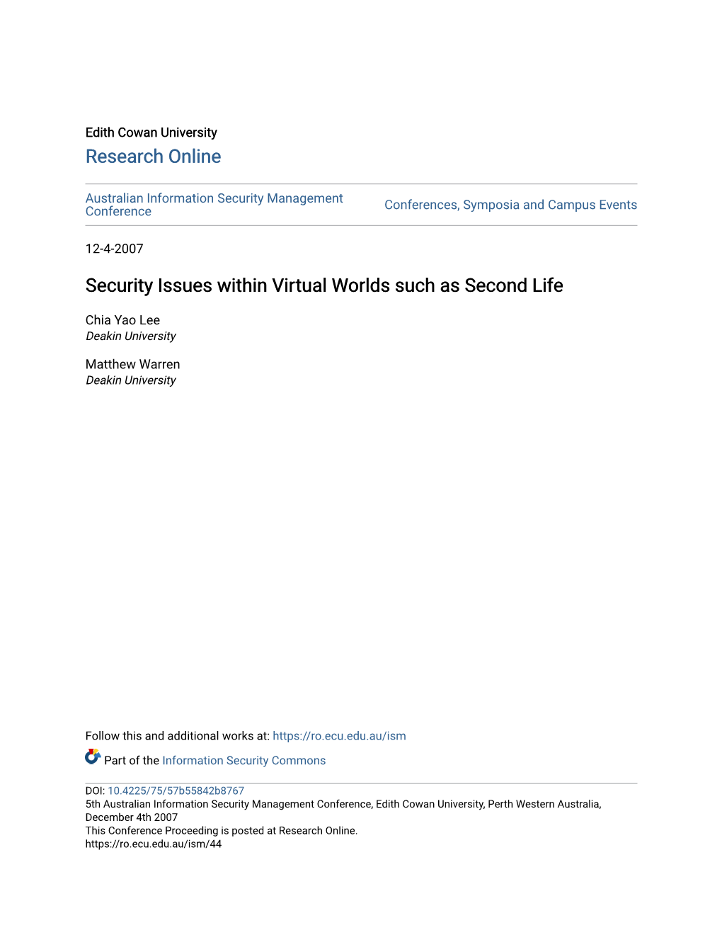Security Issues Within Virtual Worlds Such As Second Life