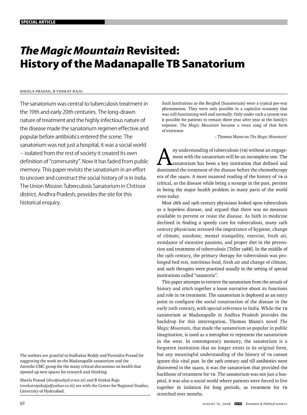 History of the Madanapalle TB Sanatorium
