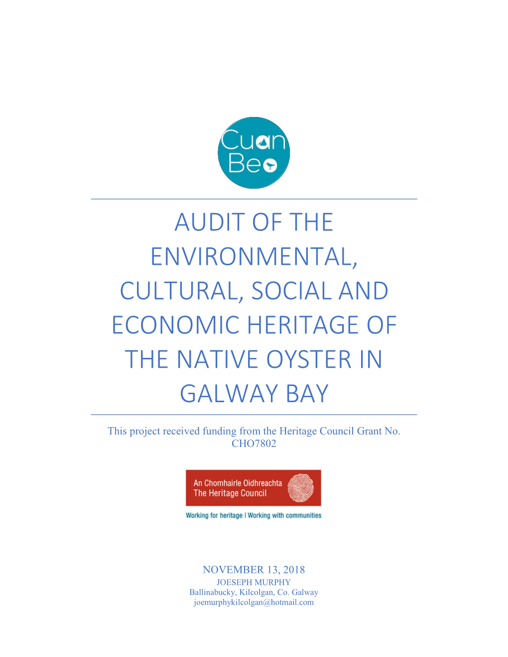 Audit of the Environmental, Cultural, Social and Economic Heritage of the Native Oyster in Galway Bay