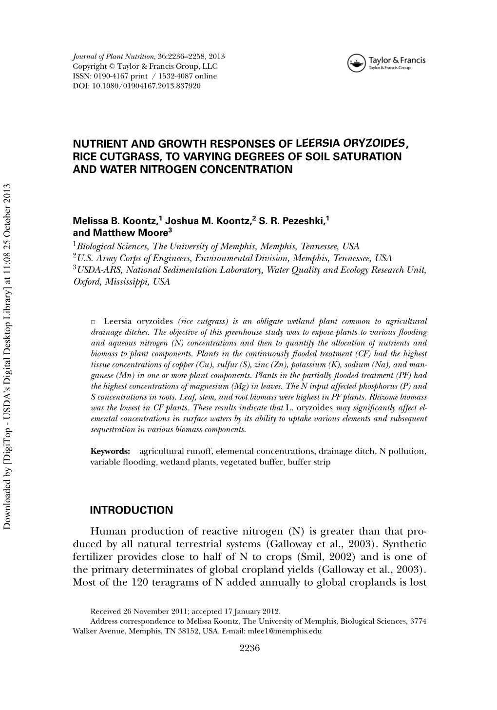 Nutrient and Growth Responses of Leersia Oryzoides, Rice Cutgrass, to Varying Degrees of Soil Saturation and Water Nitrogen Concentration