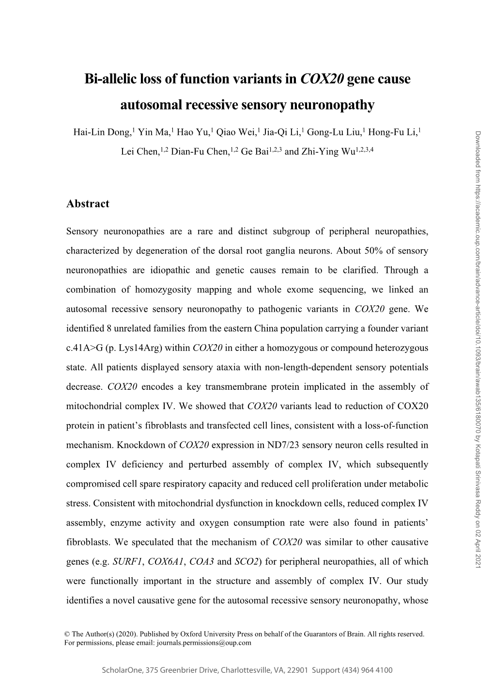 Bi-Allelic Loss of Function Variants in COX20 Gene Cause Autosomal Recessive Sensory Neuronopathy