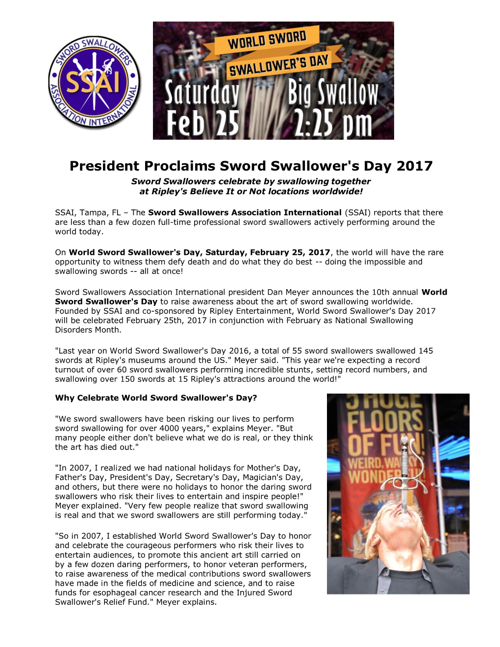 President Proclaims World Sword Swallower's Day 2017