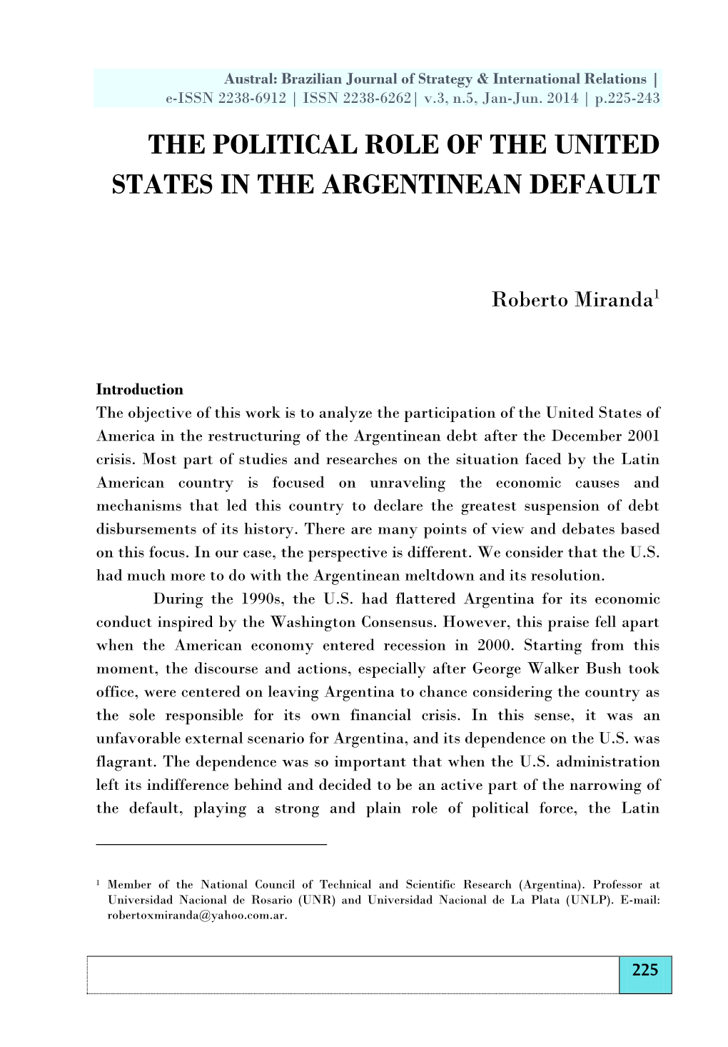 The Political Role of the United States in the Argentinean Default