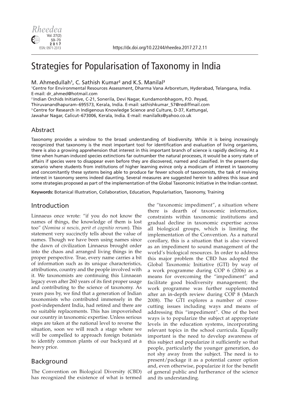 Strategies for Popularisation of Taxonomy in India