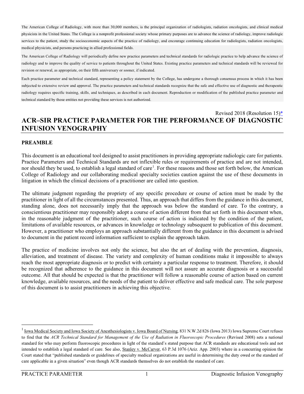 Acr–Sir Practice Parameter for the Performance of Diagnostic Infusion Venography