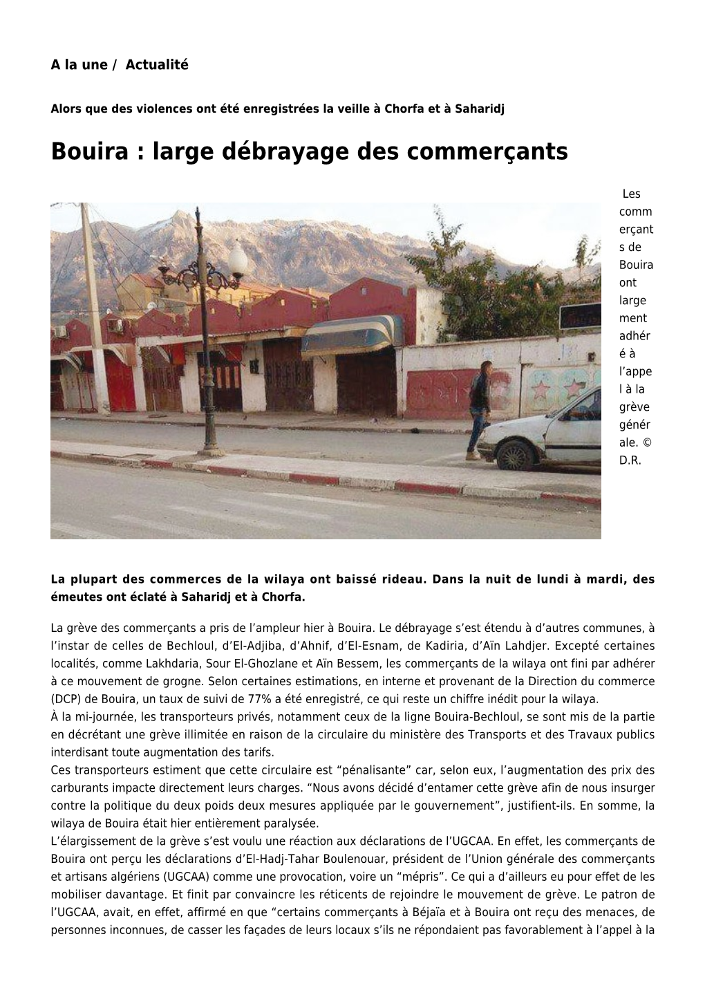 Bouira : Large Débrayage Des Commerçants