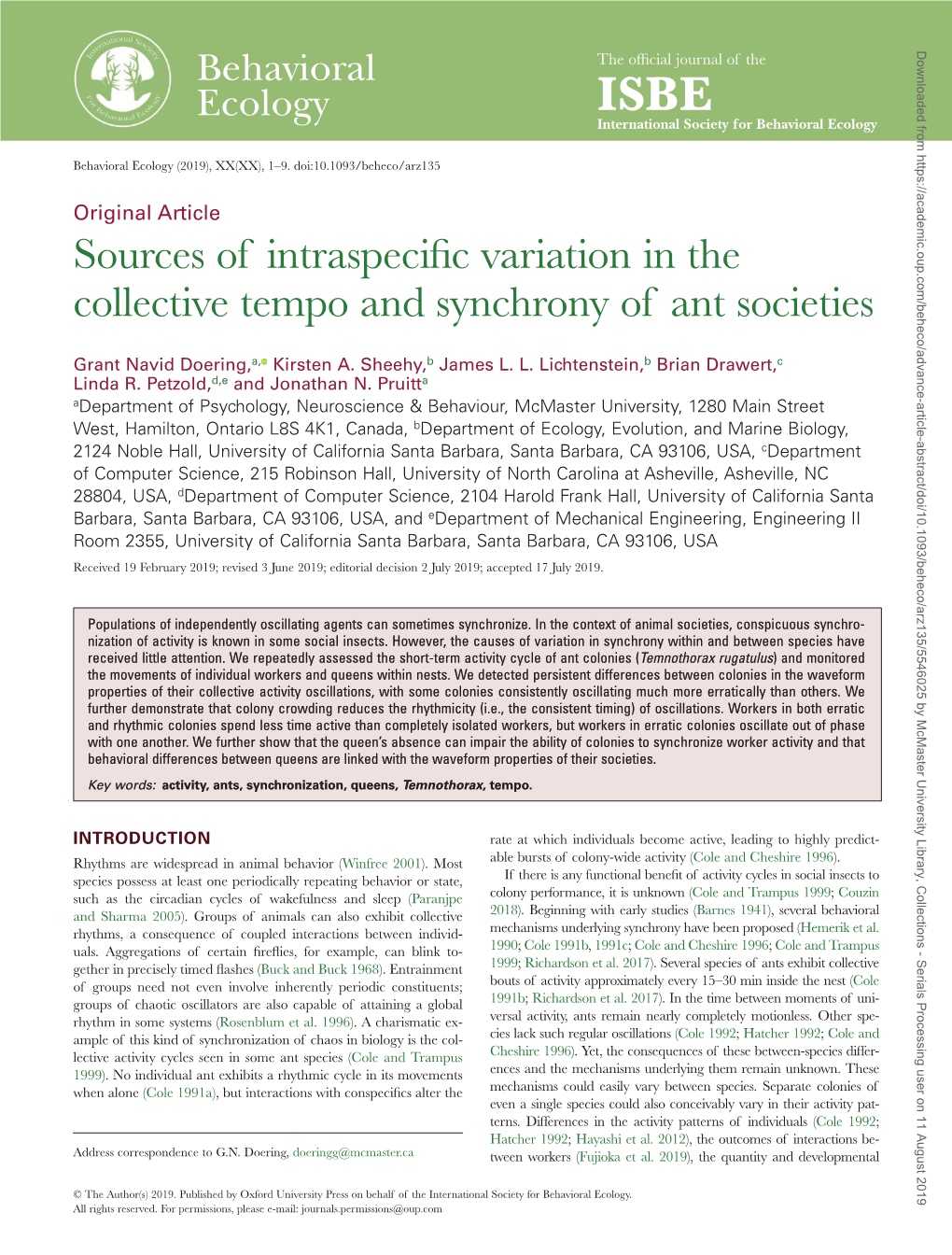 Sources of Intraspecific Variation in the Collective Tempo and Synchrony of Ant Societies