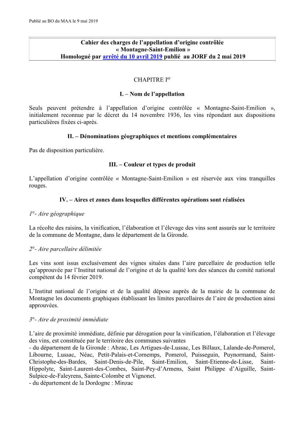 Cahier Des Charges De L'appellation D'origine Contrôlée « Montagne