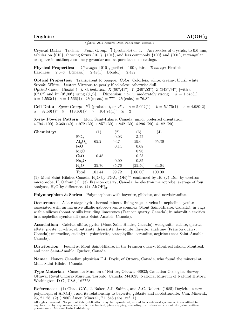 Doyleite Al(OH)3 C 2001-2005 Mineral Data Publishing, Version 1