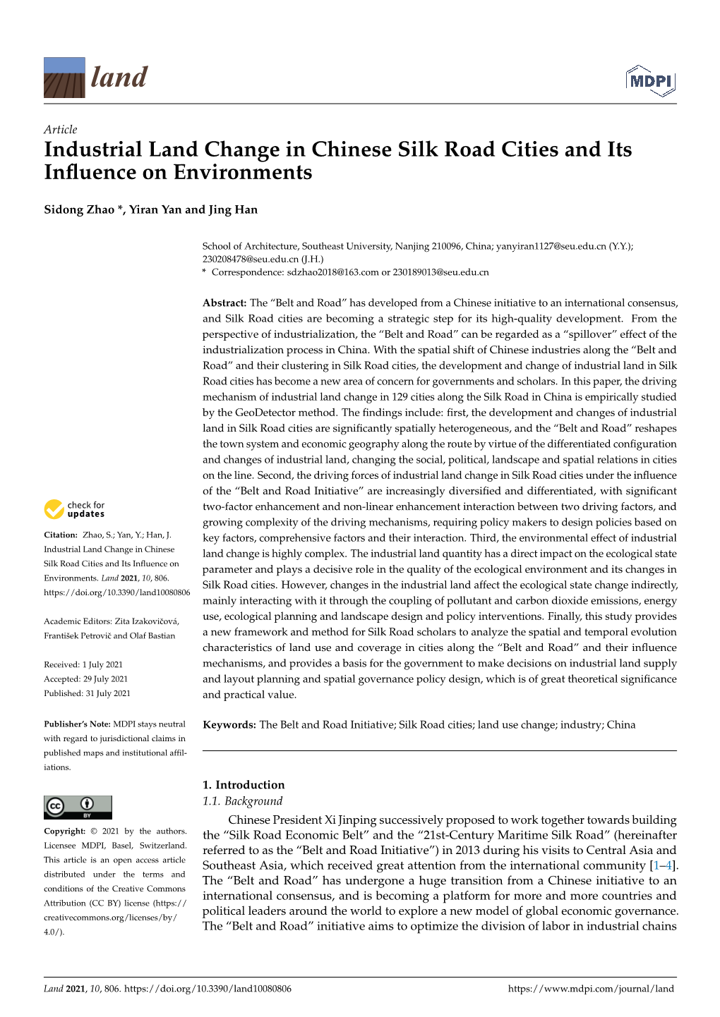 Industrial Land Change in Chinese Silk Road Cities and Its Influence