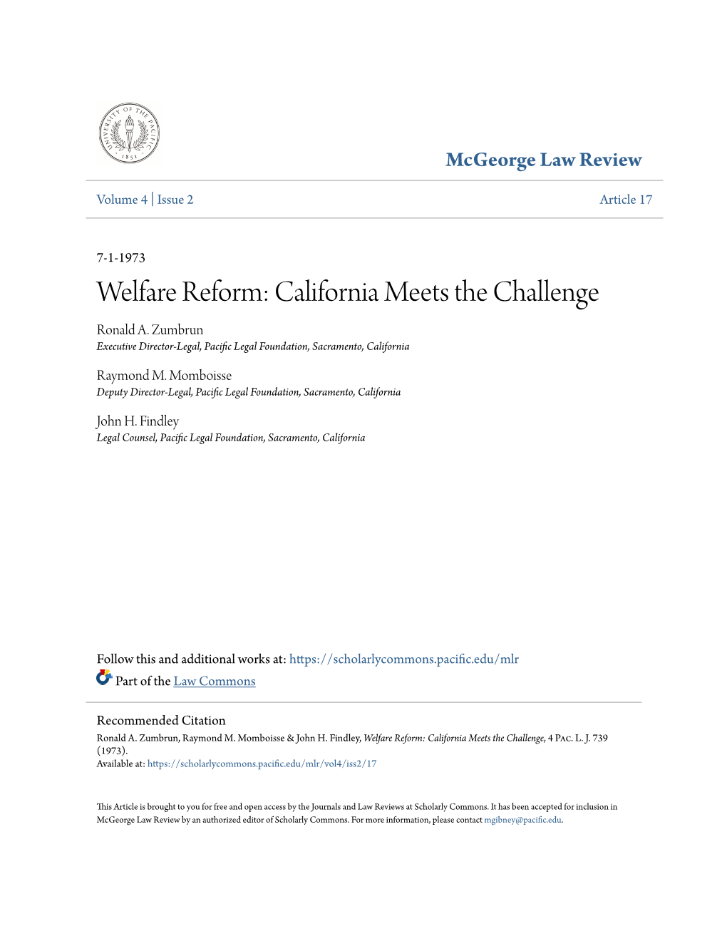 Welfare Reform: California Meets the Challenge Ronald A