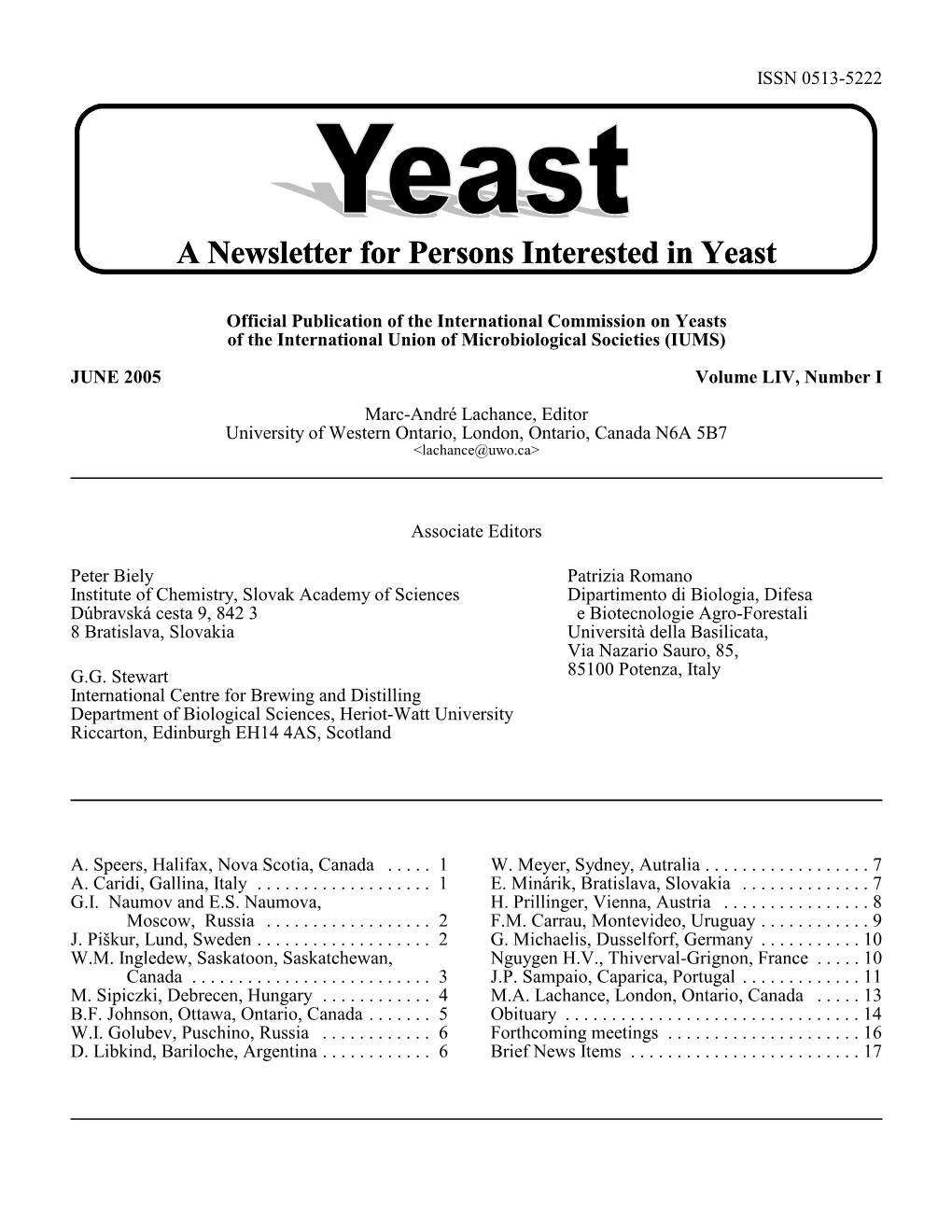 A Newsletter for Persons Interested in Yeast