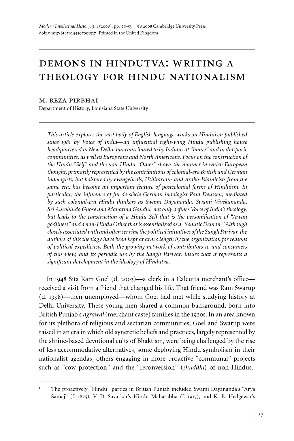 Demons in Hindutva: Writing a Theology for Hindu Nationalism M