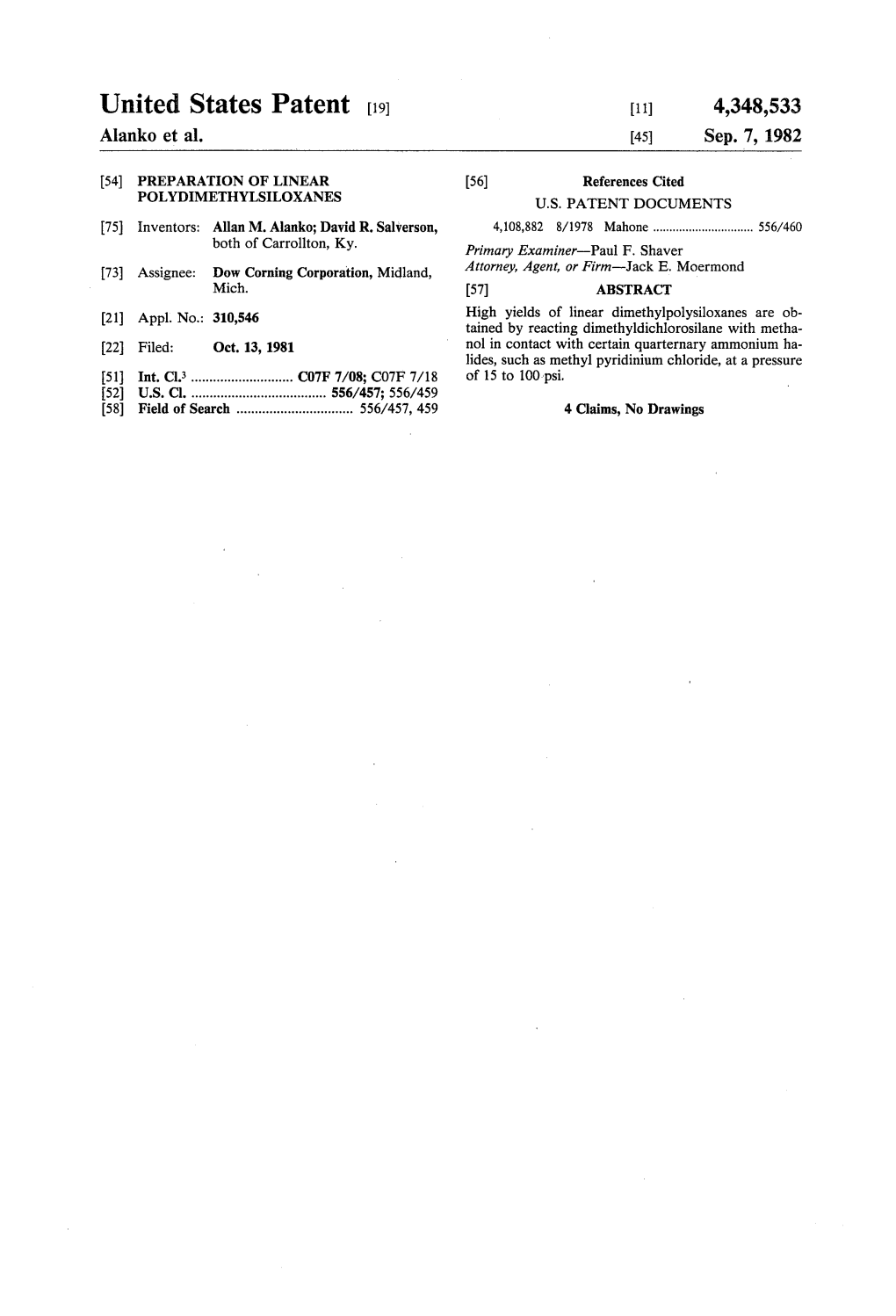 United States Patent (19) 11) 4,348,533 Alanko Et Al