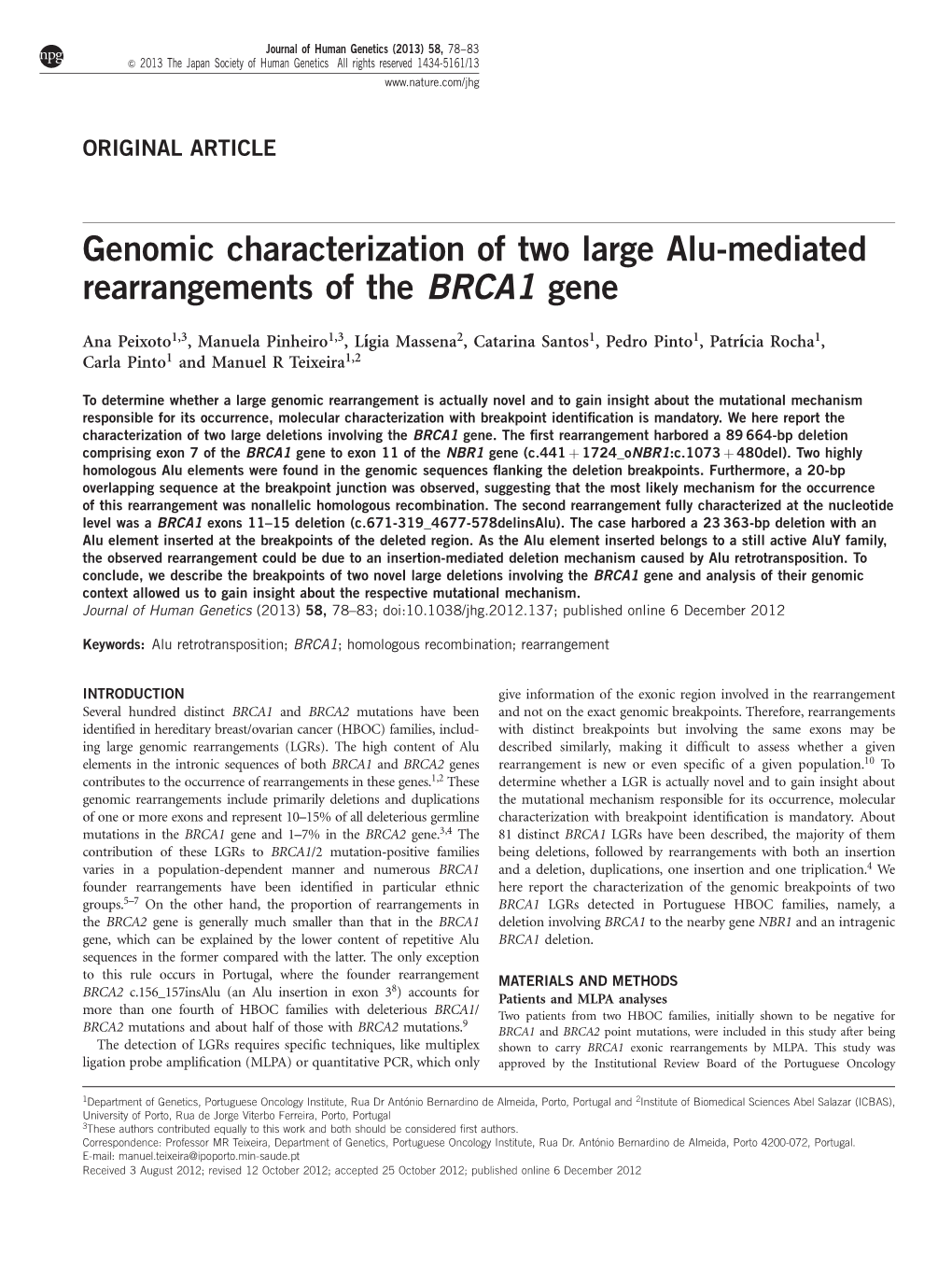 Genomic Characterization of Two Large Alu-Mediated Rearrangements of the BRCA1 Gene