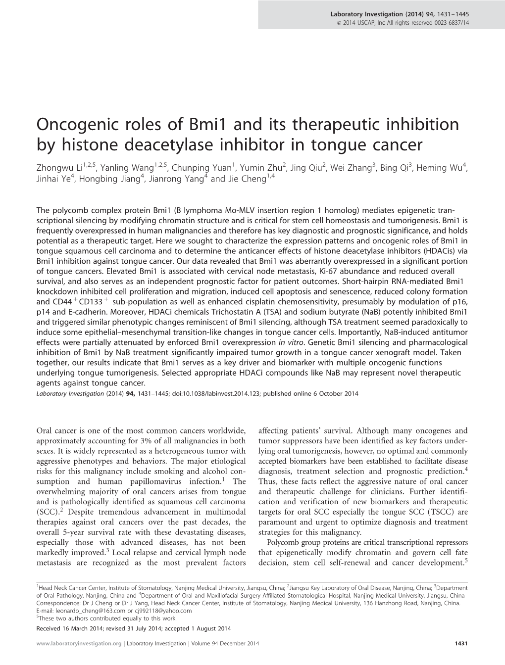 Oncogenic Roles of Bmi1 and Its Therapeutic Inhibition by Histone