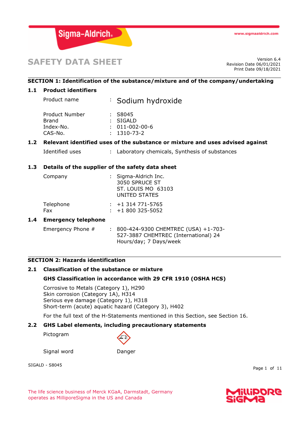 SAFETY DATA SHEET Revision Date 06/01/2021 Print Date 09/18/2021