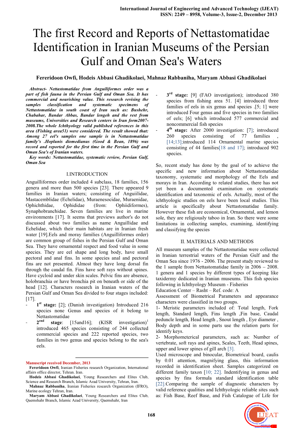 The First Record and Reports of Nettastomatidae Identification in Iranian Museums of the Persian Gulf and Oman Sea's Waters