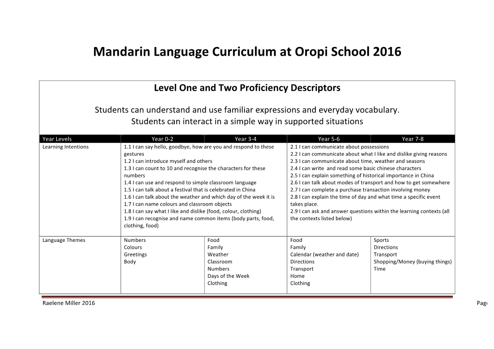 Mandarin Language Curriculum at Oropi School 2016