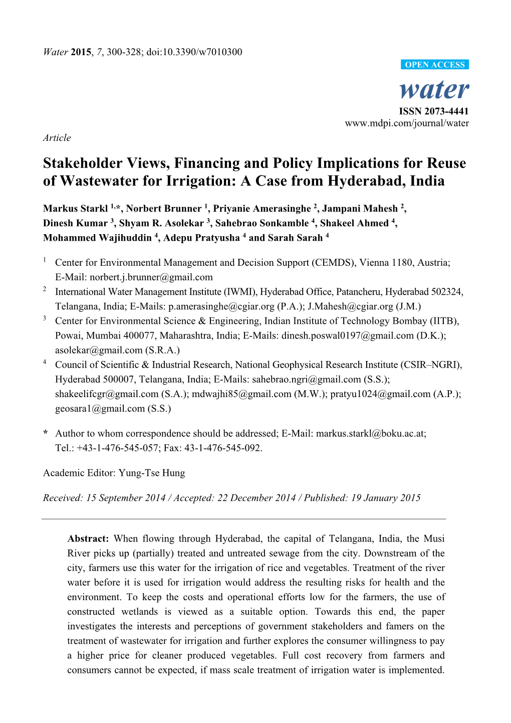 Stakeholder Views, Financing and Policy Implications for Reuse of Wastewater for Irrigation: a Case from Hyderabad, India