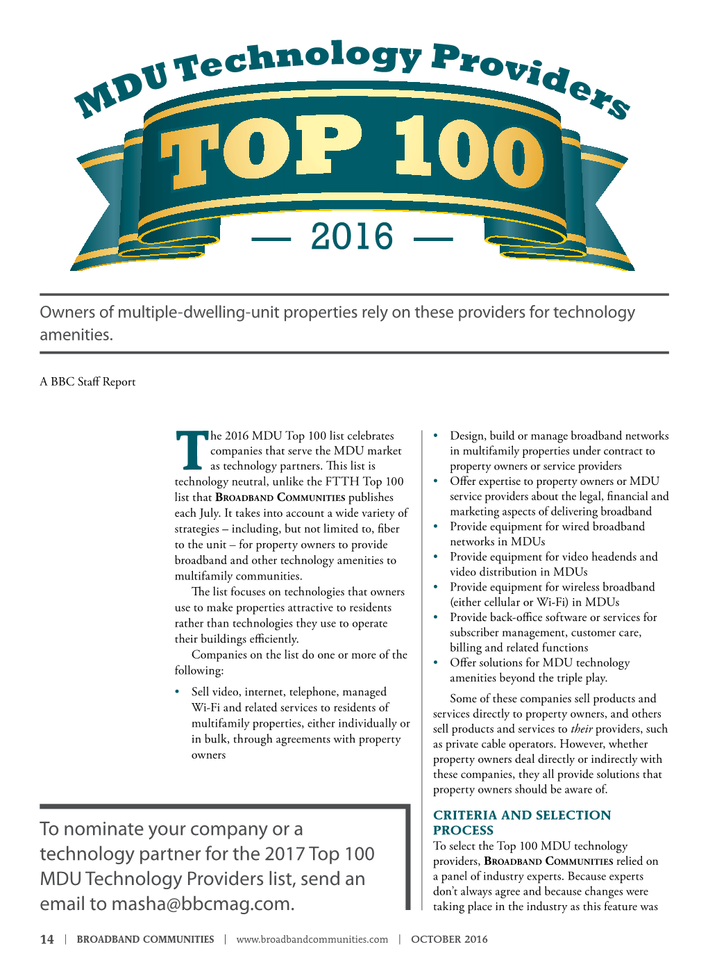 The Top 100 MDU Technology Providers for 2016