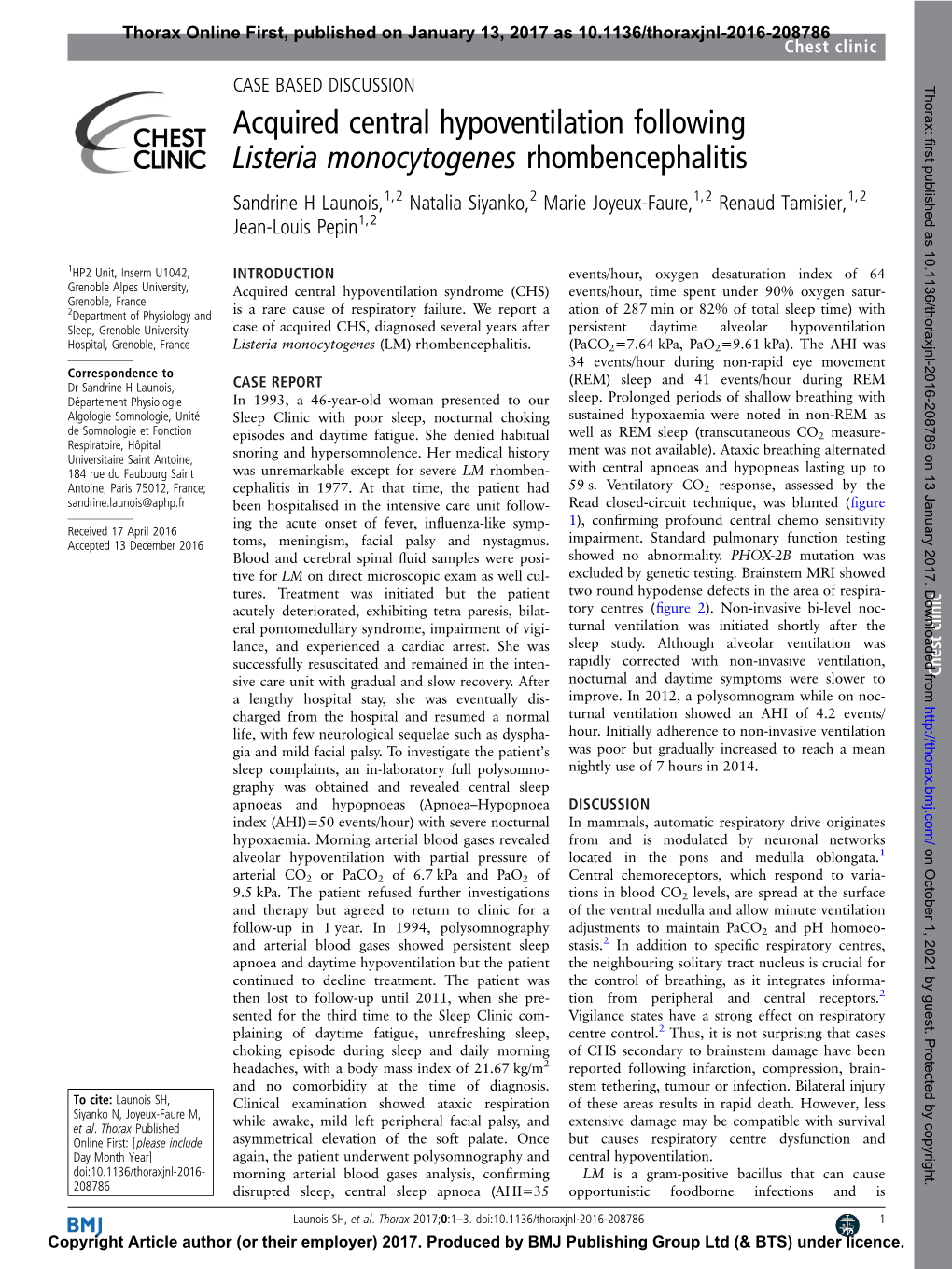 Acquired Central Hypoventilation Following Listeria