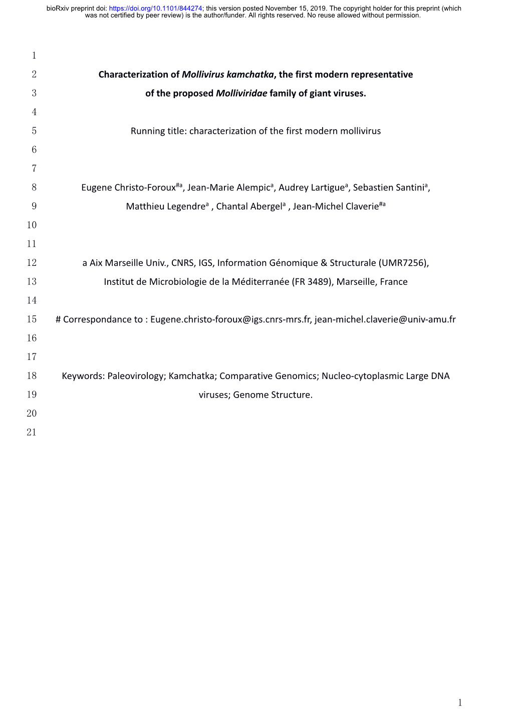 Characterization of Mollivirus Kamchatka, the First Modern Representative 3 of the Proposed Molliviridae Family of Giant Viruses