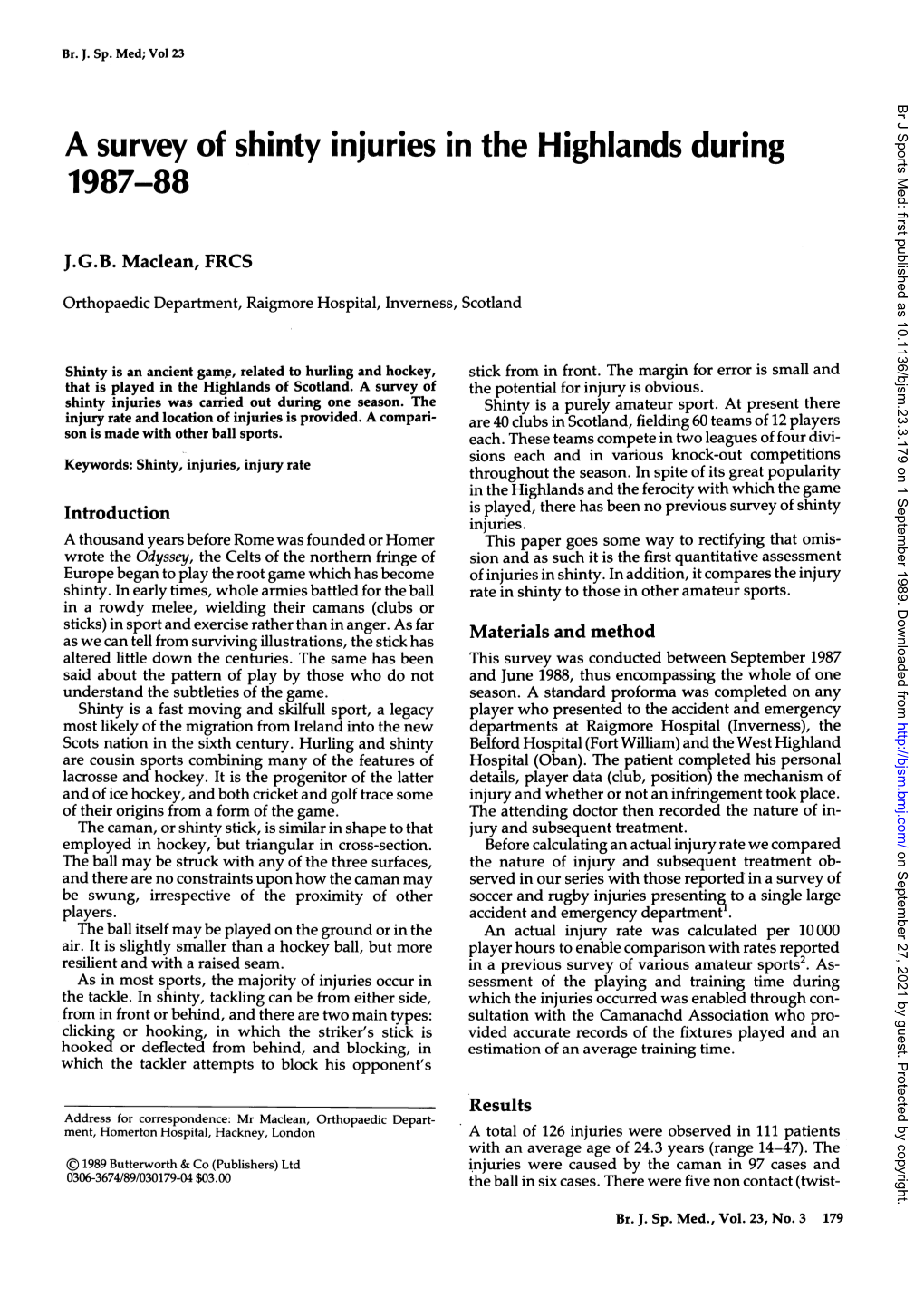 A Survey of Shinty Injuries in the Highlands During 19871 88