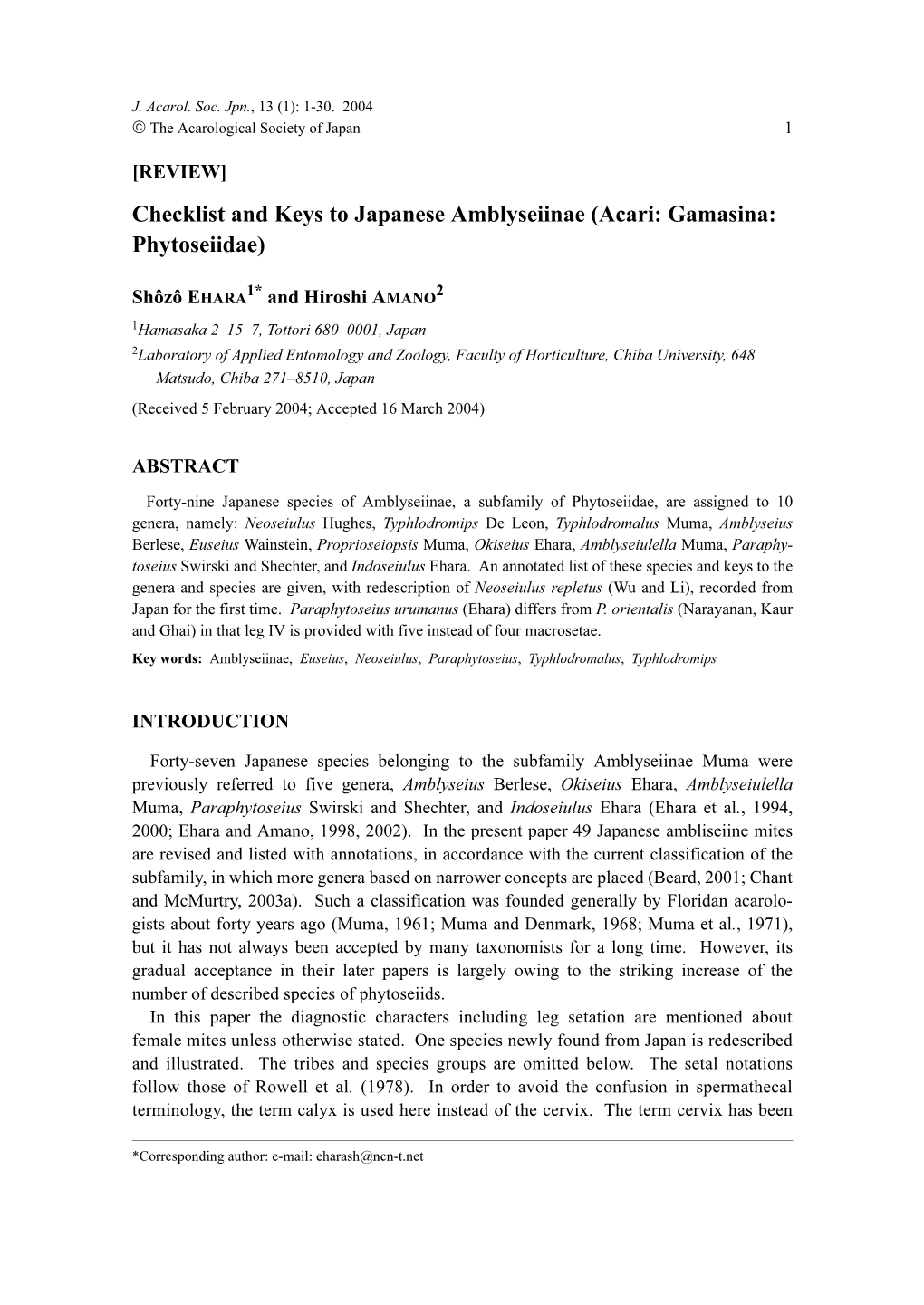 Checklist and Keys to Japanese Amblyseiinae (Acari: Gamasina: Phytoseiidae)