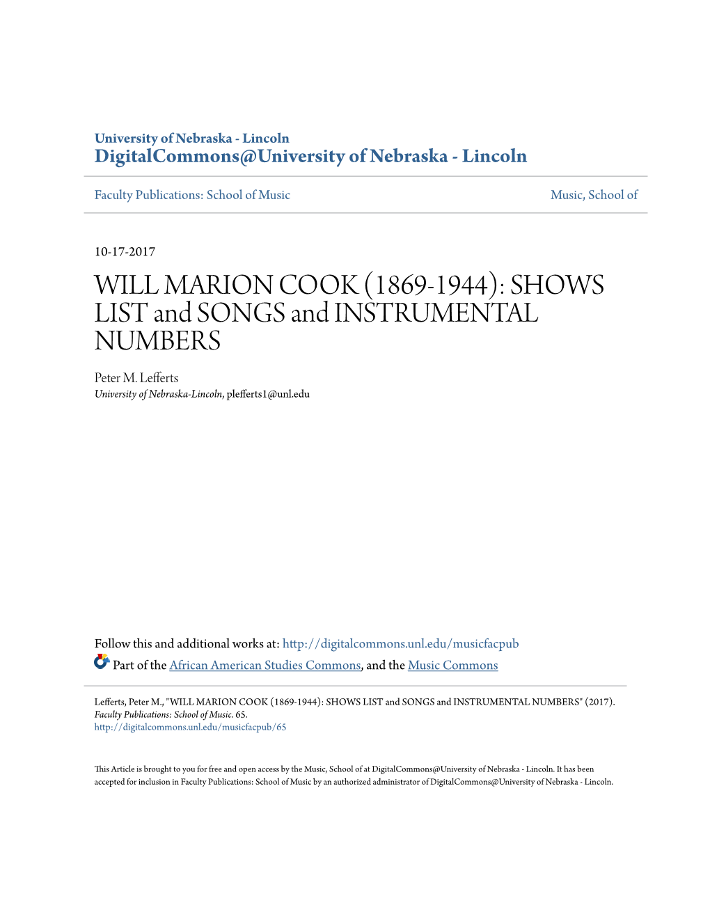 WILL MARION COOK (1869-1944): SHOWS LIST and SONGS and INSTRUMENTAL NUMBERS Peter M