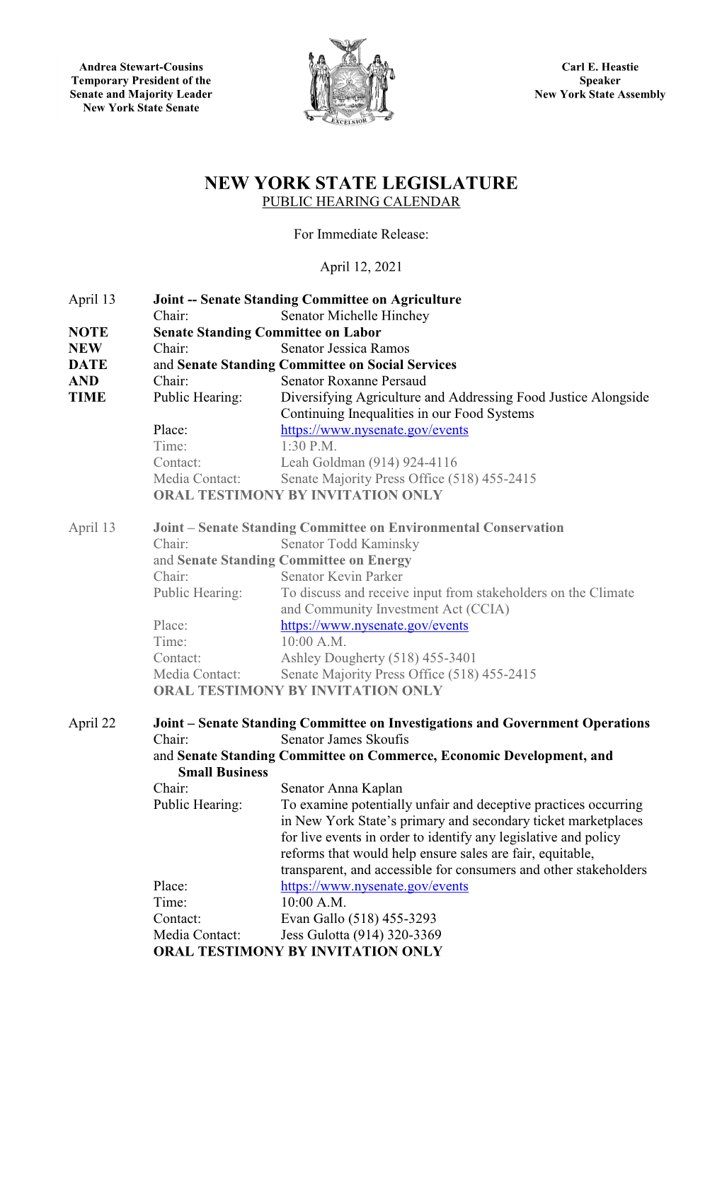 New York State Legislature Public Hearing Calendar