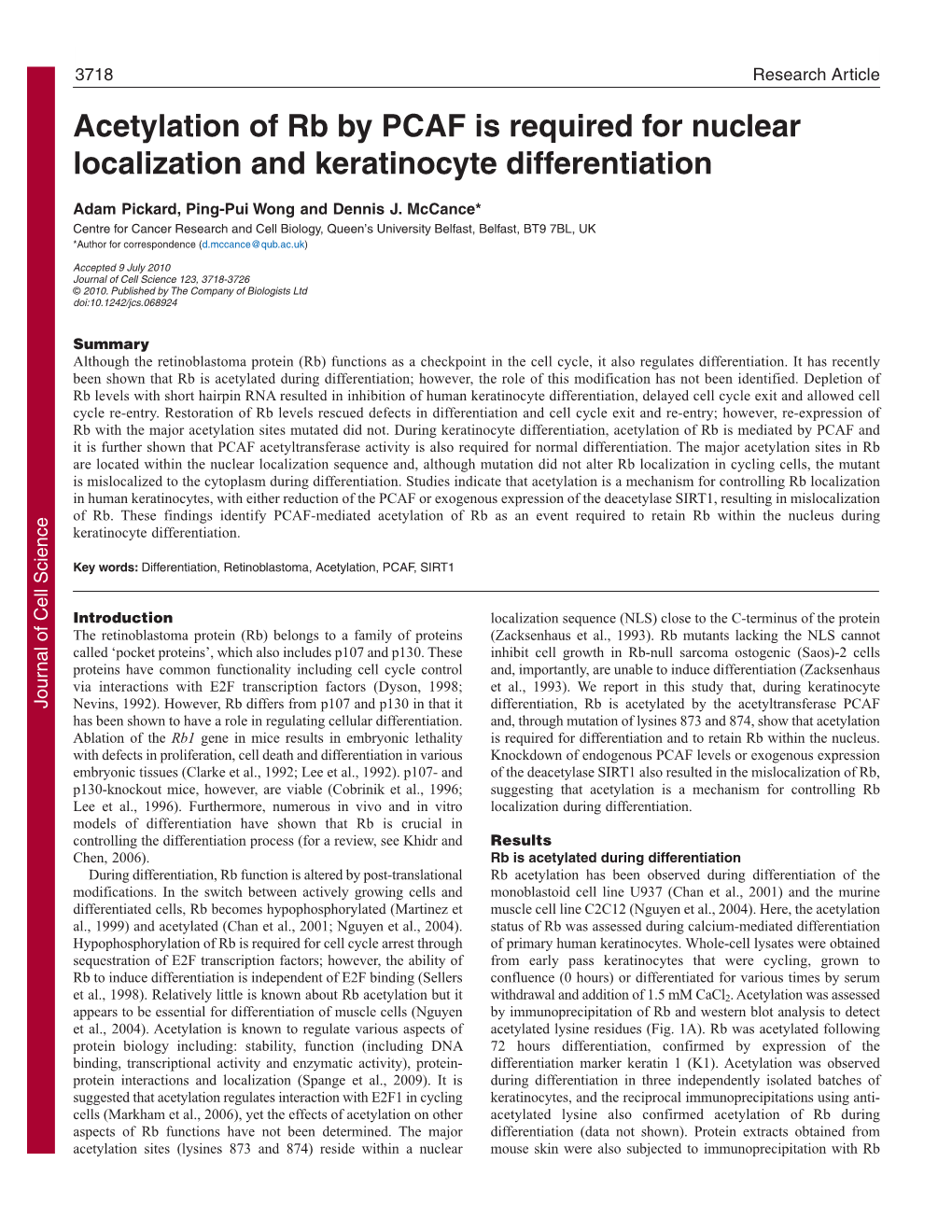 Acetylation of Rb by PCAF Is Required for Nuclear Localization and Keratinocyte Differentiation