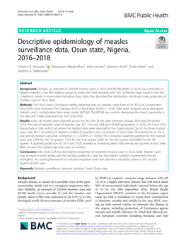 Descriptive Epidemiology of Measles Surveillance Data, Osun State, Nigeria, 2016–2018 Folajimi O