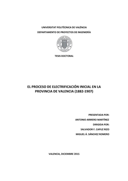 El Proceso De Electrificación Inicial En La Provincia De Valencia (1882-1907)