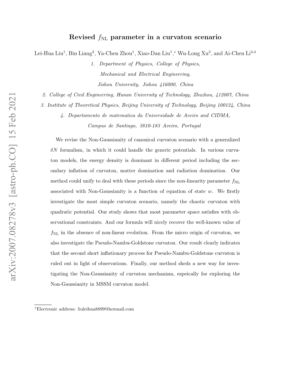 Arxiv:2007.08278V3 [Astro-Ph.CO] 15 Feb 2021 Non-Gaussianity in MSSM Curvaton Model