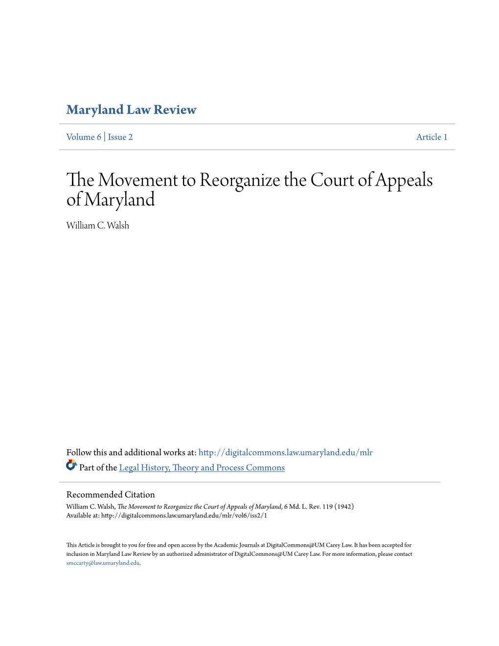 The Movement to Reorganize the Court of Appeals of Maryland, 6 Md