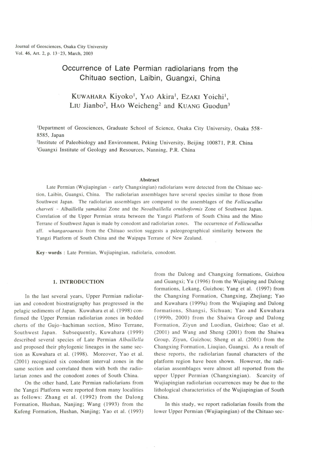 Occurrence of Late Permian Radiolarians from the Chituao Section, Laibin, Guangxi, China