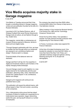 Vice Media Acquires Majority Stake in Garage Magazine 6 July 2016