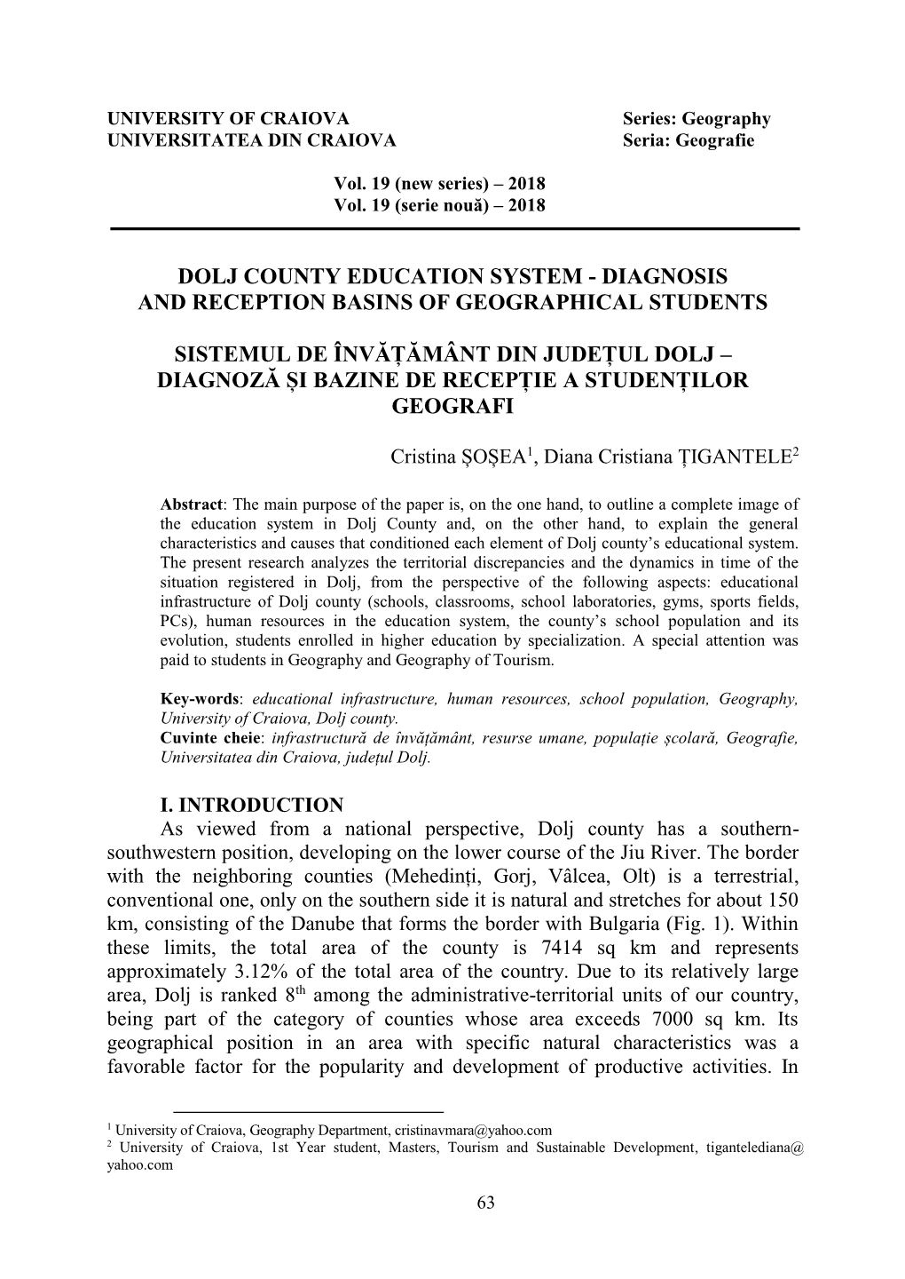 Dolj County Education System - Diagnosis and Reception Basins of Geographical Students