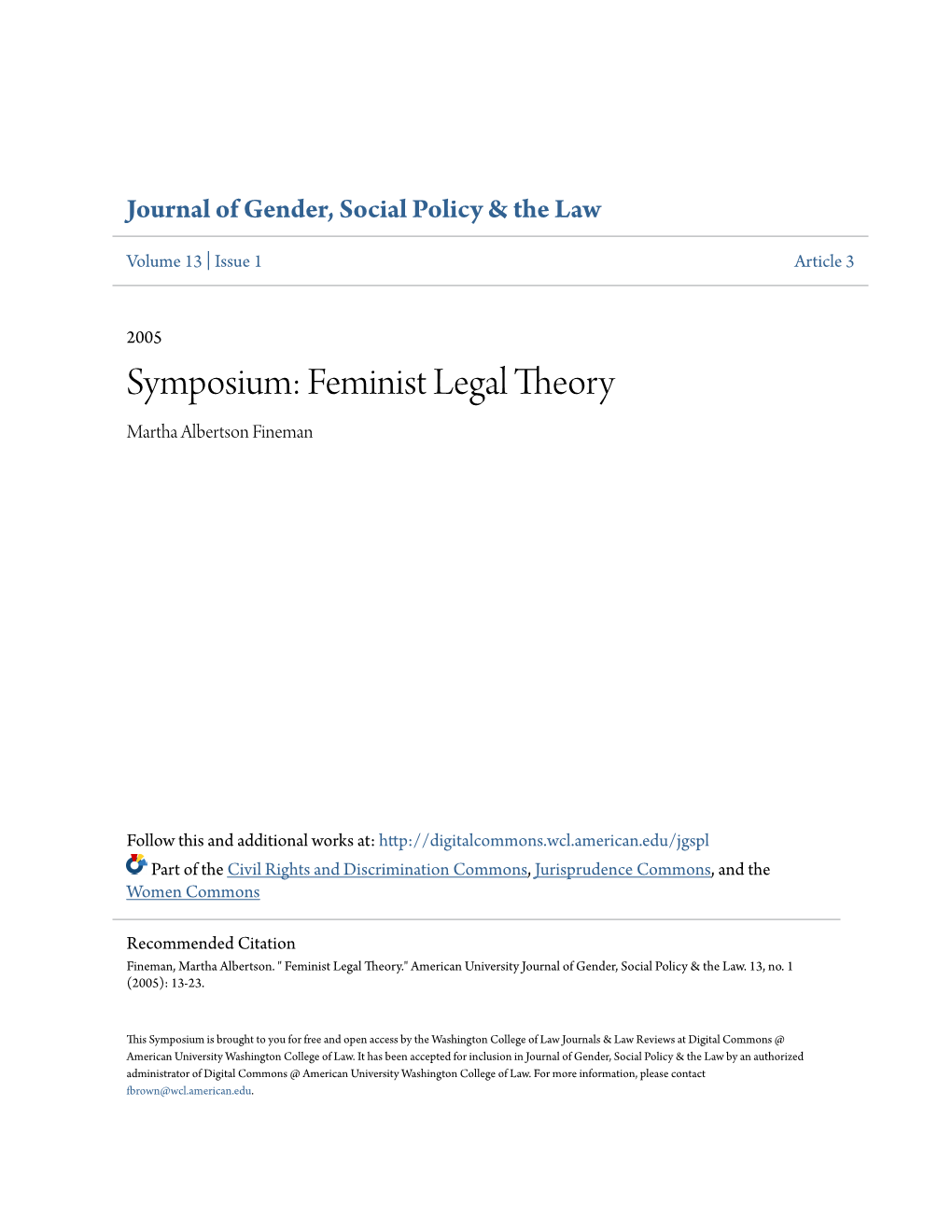 Symposium: Feminist Legal Theory Martha Albertson Fineman