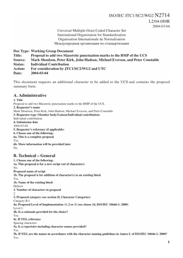 ISO/IEC JTC1/SC2/WG2 N2714 L2/04-089R A. Administrative B