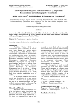 A New Species of the Genus Pediobius Walker (Eulophidae: Entedoninae) Parasitizing Spider from India