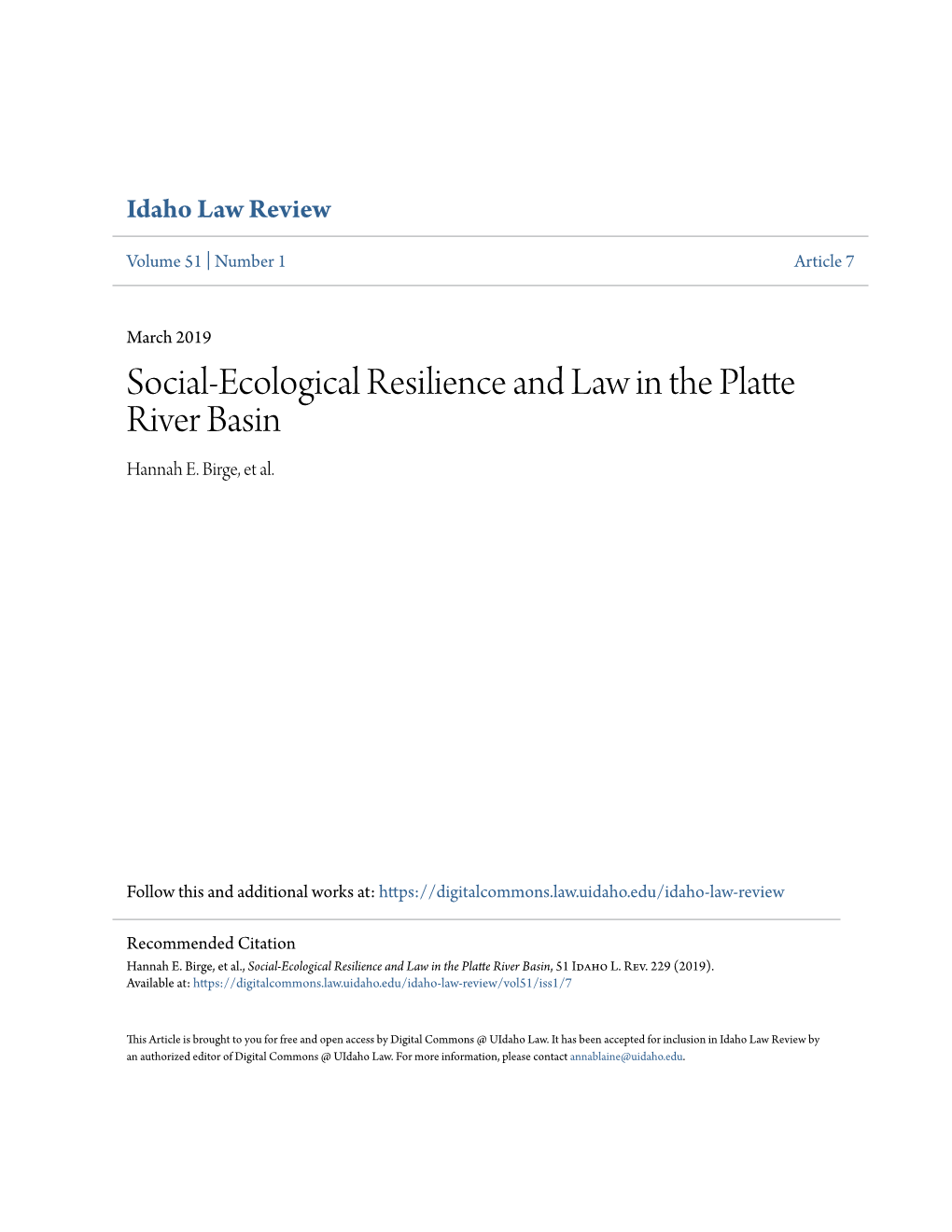 Social-Ecological Resilience and Law in the Platte River Basin Hannah E