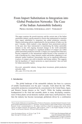 From Import Substitution to Integration Into Global Production Networks: the Case of the Indian Automobile Industry Prema-Chandra Athukorala and C