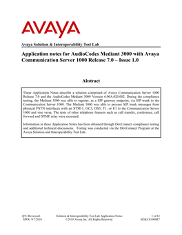Application Notes for Audiocodes Mediant 3000 with Avaya Communication Server 1000 Release 7.0 – Issue 1.0