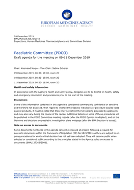 Paediatric Committee (PDCO) Draft Agenda for the Meeting on 09-11 December 2019