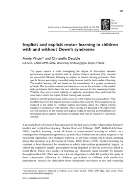 Implicit and Explicit Motor Learning in Children with and Without Down's