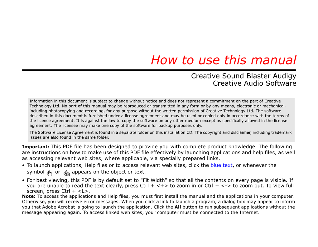 How to Use This Manual Creative Sound Blaster Audigy Creative Audio Software