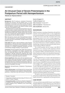 An Unusual Case of Severe Preeclampsia in the Postpartum10.5005/Jp-Journals-10006-1530 Period with Hemoperitoneum CASE REPORT