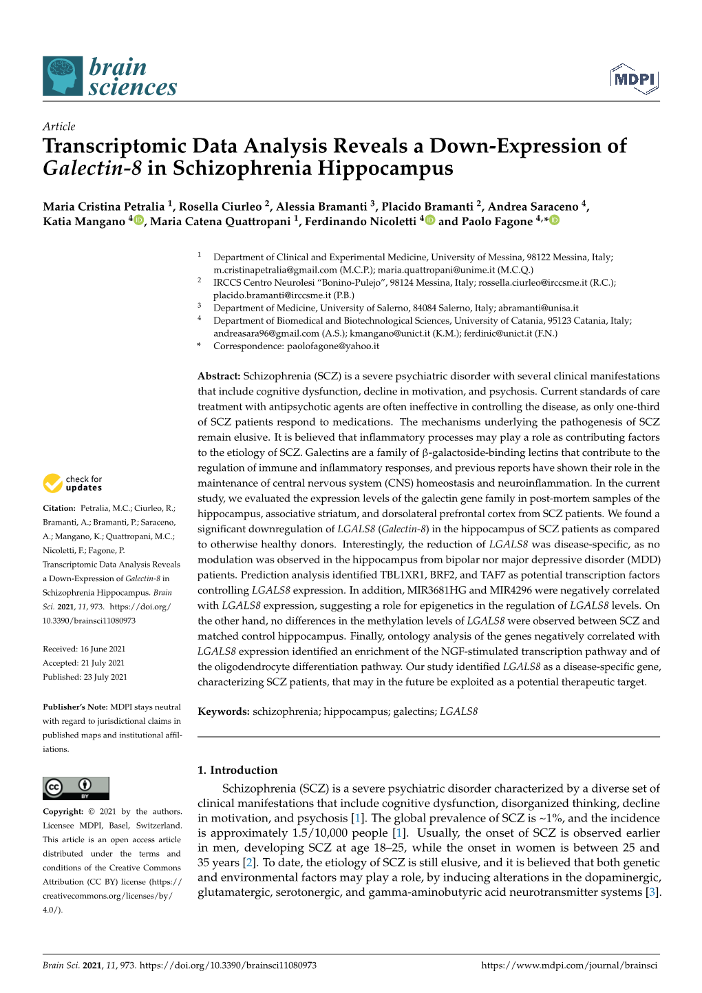 Transcriptomic Data Analysis Reveals a Down-Expression of Galectin-8 in Schizophrenia Hippocampus